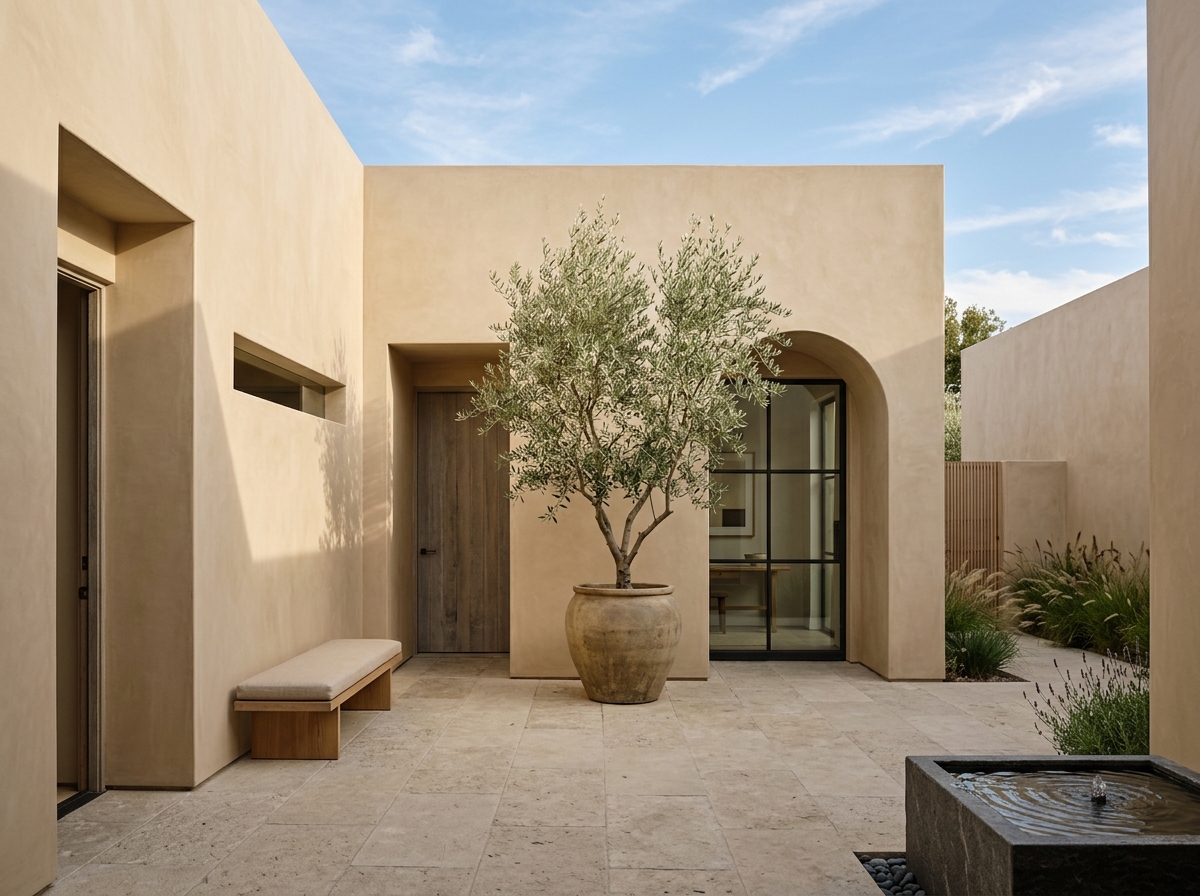 Sunlit architectural minimalist courtyard at Oriel